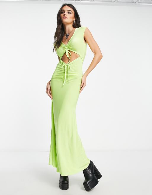 Vestido midi color lima sin mangas con detalle fruncido y abertura de ASOS DESIGN