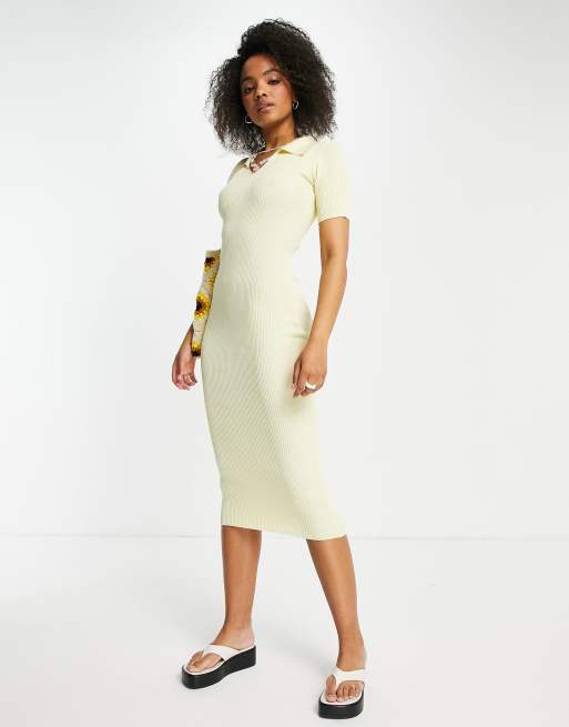Vestido midi color limón con detalle de cuello de punto de Lola May, 3 de 4