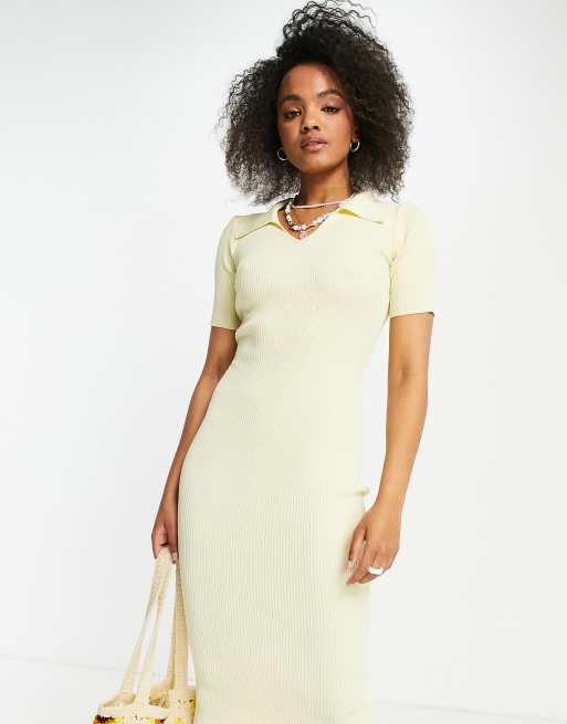 Vestido midi color limón con detalle de cuello de punto de Lola May, 4 de 4