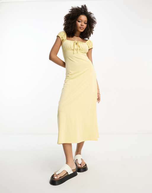 Vestido midi color limón con mangas de casquillo, detalle fruncido y lazada de ASOS DESIGN
