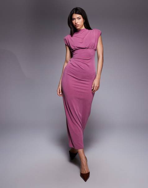 Vestido midi color malva fruncido con hombreras de ASOS DESIGN - view 1