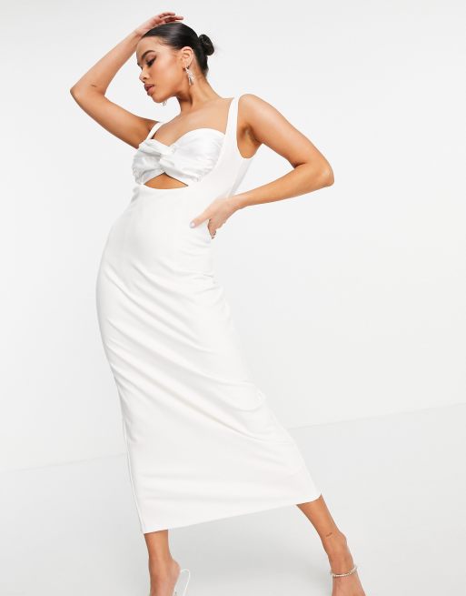 Vestido midi color marfil con abertura hasta el muslo y abertura en el pecho con detalle retorcido de satén de Yaura