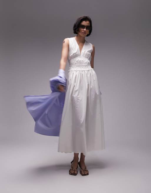 Vestido midi color marfil con cuello de pico y detalle fruncido de popelina de Topshop
