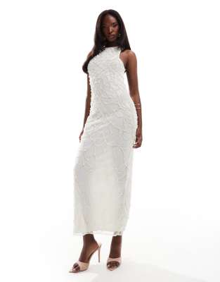 Vestido midi color marfil con cuello halter y diseño de tiras drapeadas de perlas sintéticas de ASOS DESIGN