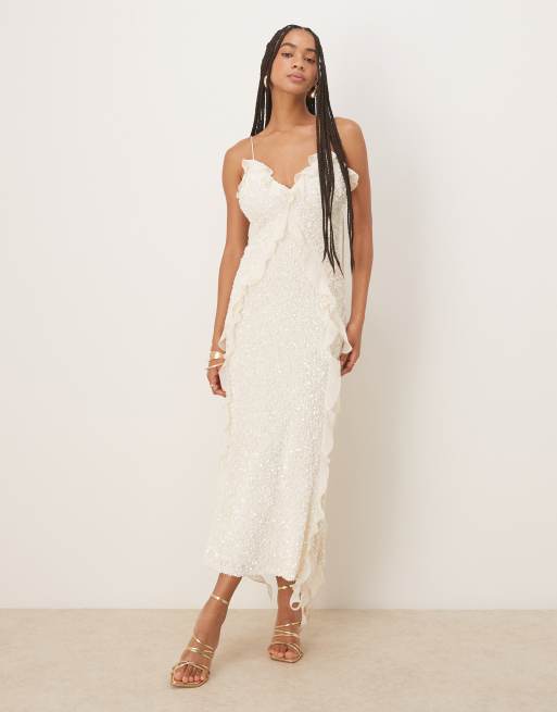 Vestido midi color marfil con volantes Marsella de Bardot