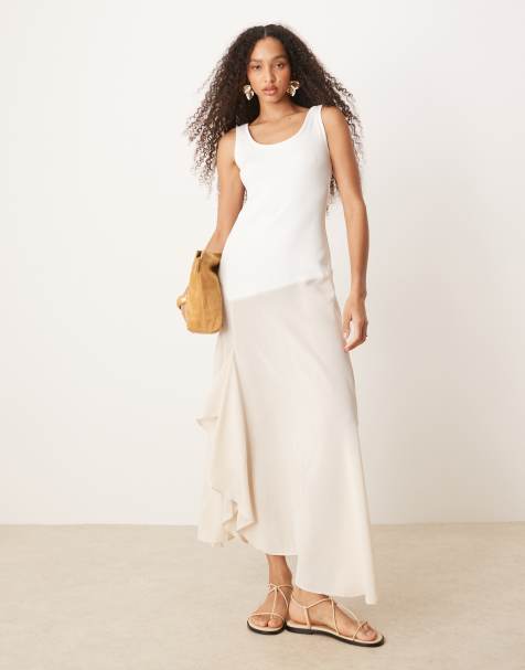 Vestido midi color marfil y blanco con cuello ancho y diseño híbrido de canalé y cupro de ASOS DESIGN - view 1