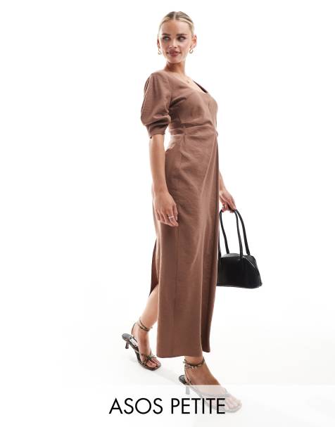 Vestido midi color moca con cuello ancho y cintura plisada de ASOS DESIGN Petite - view 1