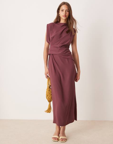 Vestido midi color mora de talle alto con pliegues y detalle drapeado de ASOS DESIGN - view 1