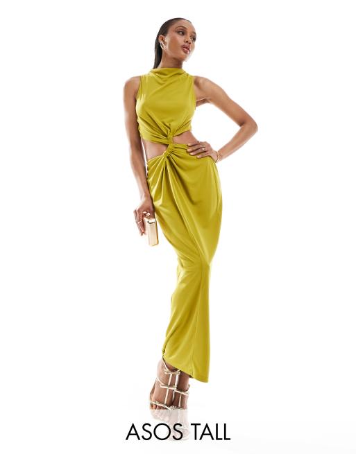 Vestido midi color ocre ceñido con detalle anudado y aberturas de ASOS DESIGN Tall