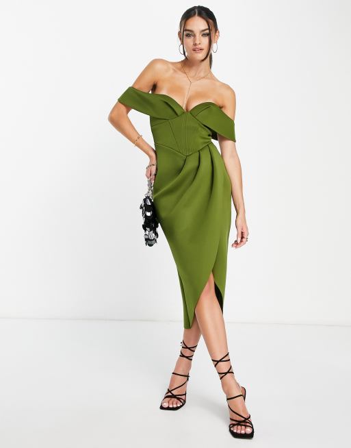 Vestido midi color oliva con diseño estilo corsé y escote Bardot de ASOS DESIGN