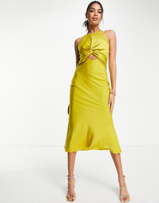 Vestido midi color oliva con lazada en la espalda y parte delantera anudada de satén de ASOS DESIGN