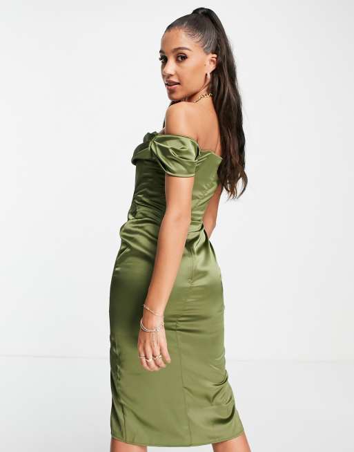 Vestido midi color oliva de estilo corsé con abertura de satén de First Distraction The Label, 2 de 4