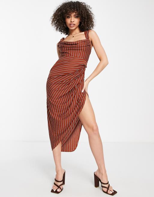 Vestido midi color óxido a rayas con diseño estilo corsé y drapeado de lino de ASOS DESIGN