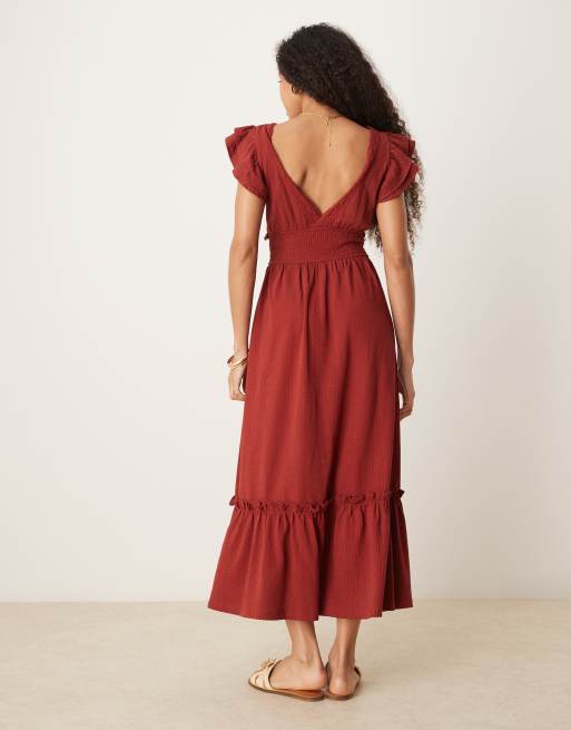 Vestido midi color óxido con cuello de pico y volantes de sirsaca de ASOS DESIGN, 4 de 4