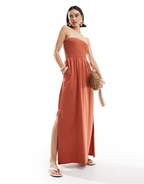 Vestido midi color óxido con escote palabra de honor y pecho fruncido de Threadbare - view 1