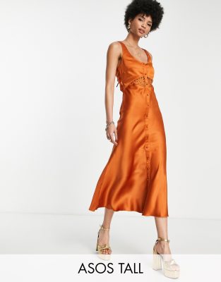 Vestido midi color óxido de corte al bies con detalle de botones y cordones de satén de ASOS DESIGN Tall