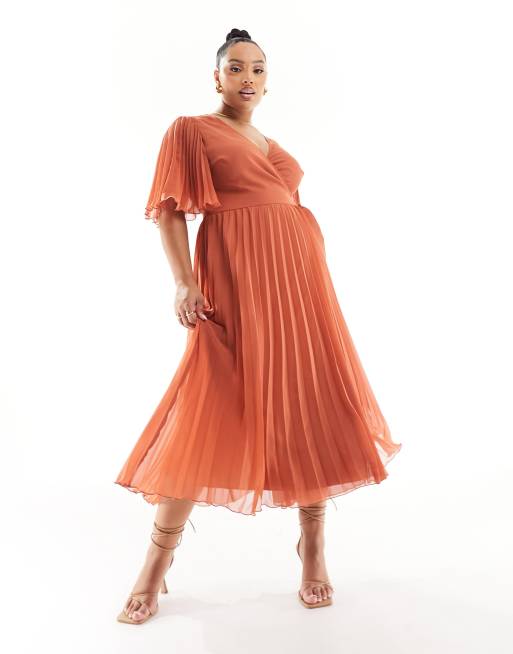 Vestido midi color óxido plisado con mangas de kimono y lazada en la cintura exclusivo de ASOS DESIGN Curve