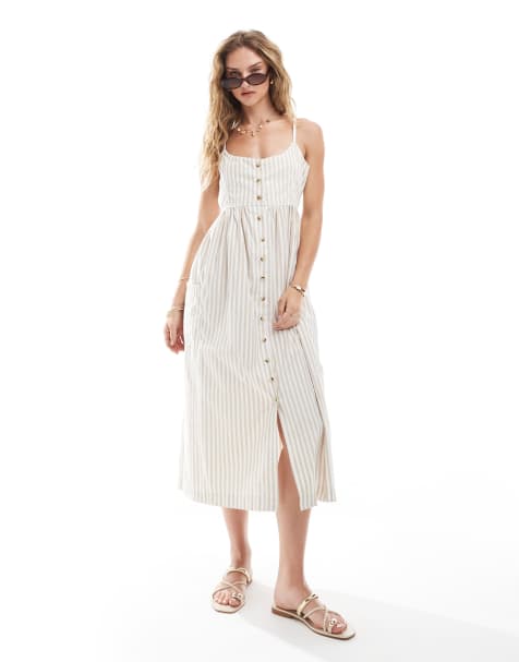 Vestido midi color piedra a rayas abotonado de tirantes de Brave Soul - view 1