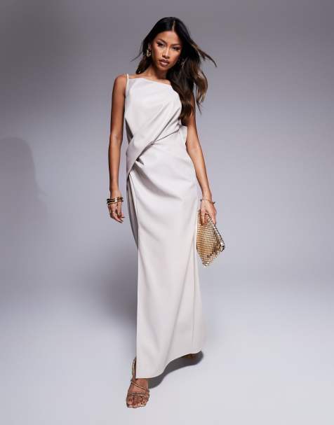 Vestido midi color piedra con cintura plisada y escote cuadrado de poliuretano de ASOS DESIGN - view 1