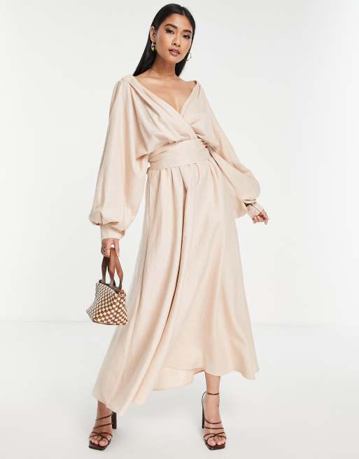 Vestido midi color piedra con escote Bardot, diseño cruzado y cinturón de lino de ASOS EDITION