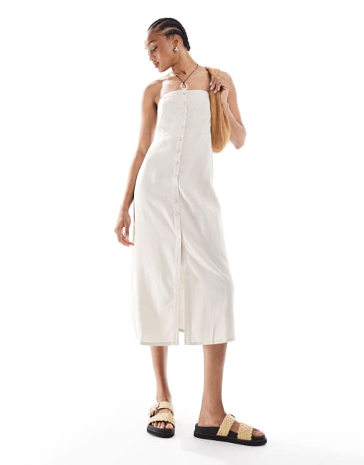 Vestido midi color piedra con escote palabra de honor de mezcla de lino de ONLY Tall