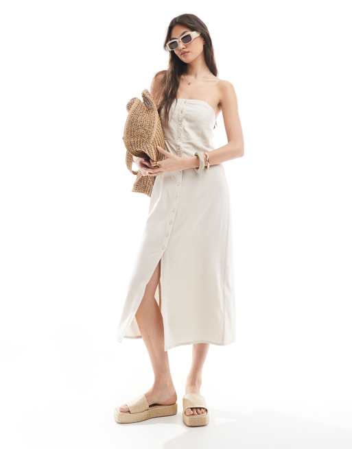 Vestido midi color piedra con escote palabra de honor de mezcla de lino de ONLY