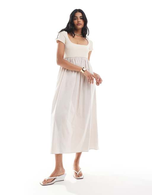 Vestido midi color piedra de corte amplio con cuerpo de canalé de ASOS DESIGN