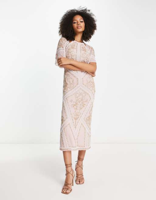 Vestido midi color rubor con mangas fluidas, cuello halter y diseño floral adornado de ASOS DESIGN