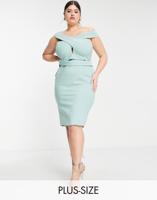 Vestido midi color salvia con escote Bardot y detalle de abertura en forma de gota de Lavish Alice Plus