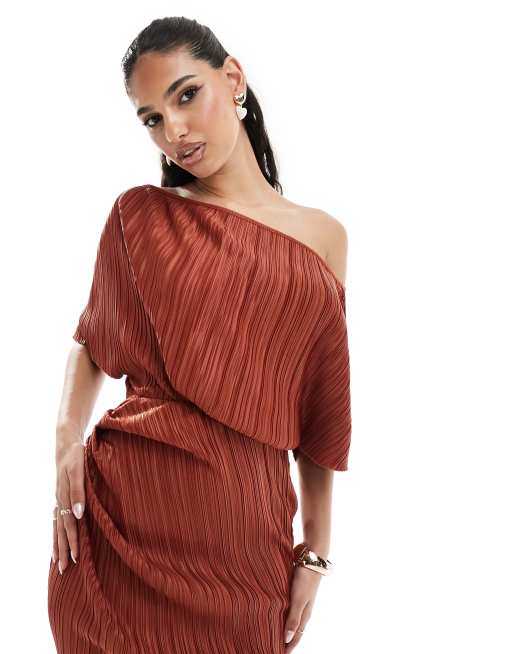 Vestido midi color teja plisado con hombros caídos de ASOS DESIGN, 2 de 4