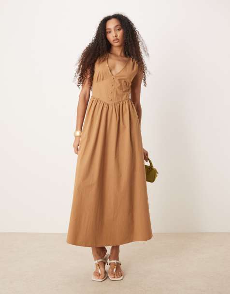 Vestido midi color tostado abotonado con cuello y cintura de pico de ASOS DESIGN - view 1