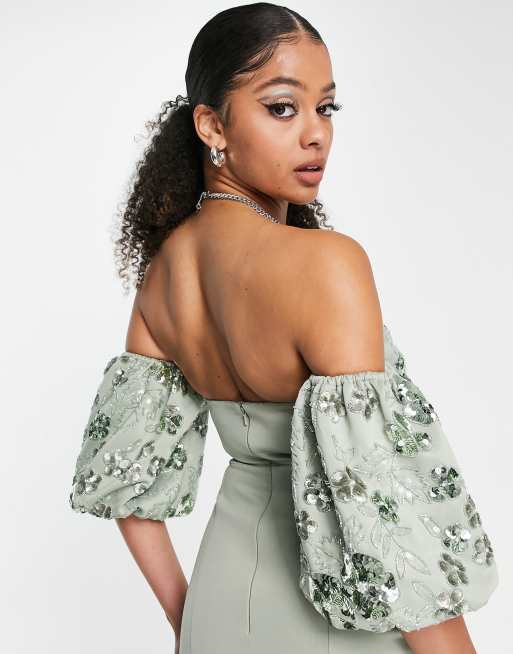 Vestido midi color verde polvareda con escote Bardot mangas