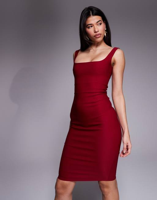 Vestido midi color vino ajustado con escote cuadrado de bengalina de Vesper, 2 de 4