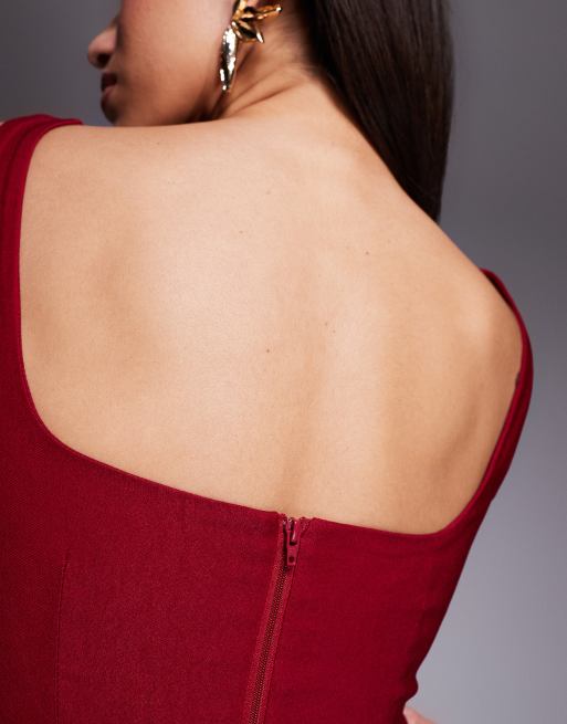 Vestido midi color vino ajustado con escote cuadrado de bengalina de Vesper, 4 de 4