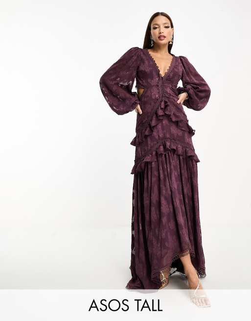 Vestido midi color vino con abertura y estampado floral de jacquard de ASOS DESIGN Tall
