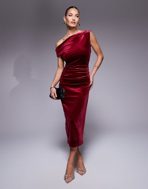 Vestido midi color vino con hombro drapeado de terciopelo de True Violet - view 1