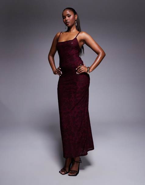 Vestido midi color vino de tirantes con escote cuadrado de devoré transparente de ASOS DESIGN - view 1