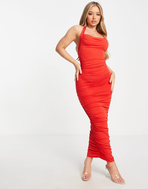 Vestido midi color vino fruncido con cuello halter desbocado de ASOS DESIGN