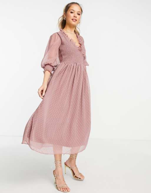 Vestido midi color visón de corte amplio con puños fruncidos de ASOS DESIGN