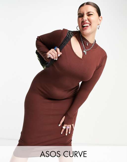 Vestido midi con aberturas, mangas de canalé y agujeros para los pulgares de punto fino de ASOS DESIGN Curve