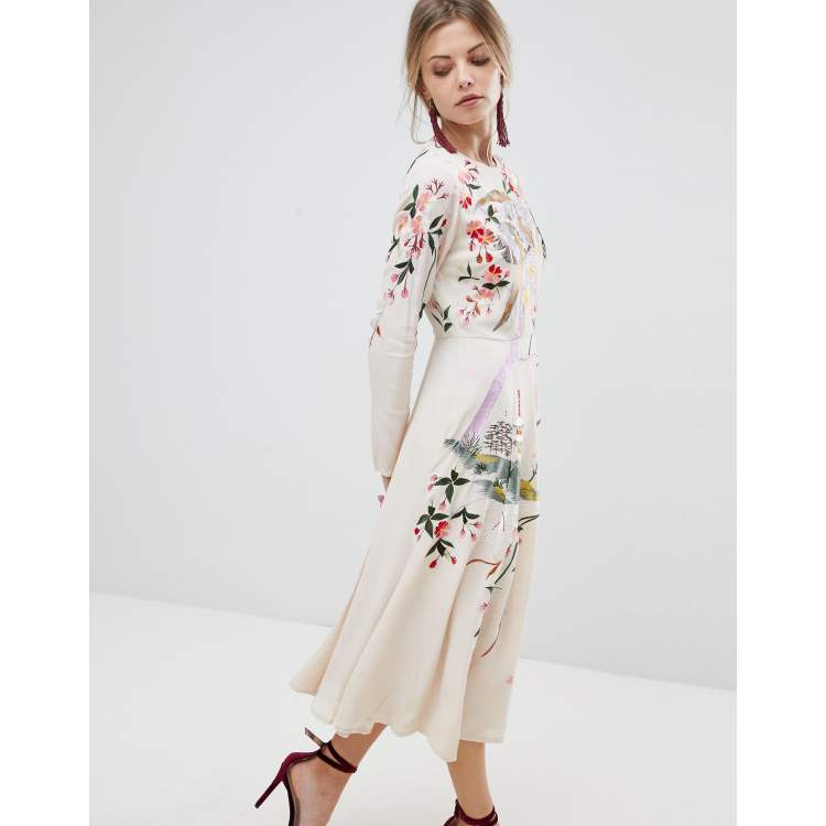 midi con bonito bordado de flores y pájaros | ASOS