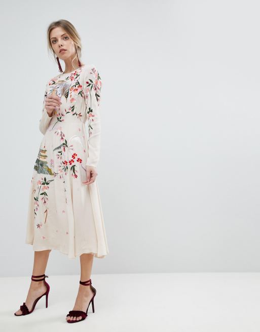 midi con bonito bordado de flores y pájaros | ASOS