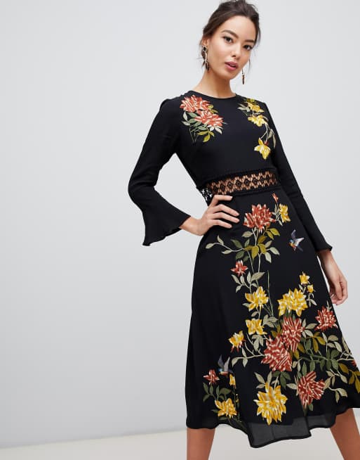 Vestido midi con bordados de flores y aplicaciones de encaje de ASOS DESIGN