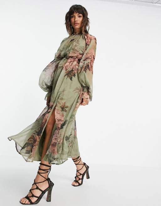 Vestido midi con cuello alzado, cordón ajustable y estampado floral grande de ASOS DESIGN, 4 de 4