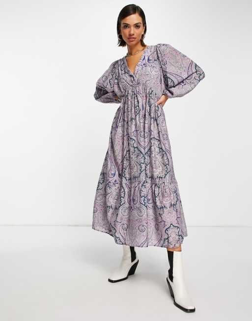 Vestido midi con cuello de pico y estampado floral de Mango