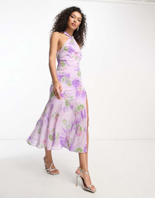 Vestido midi con cuello halter abertura frontal y estampado de flores con efecto tie dye de ASOS DESIGN