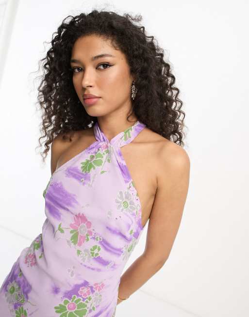 Vestido midi con cuello halter, abertura frontal y de flores con efecto tie-dye de ASOS DESIGN ASOS