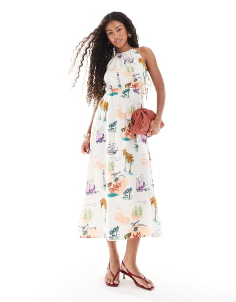 Vestido midi con cuello halter, detalle de lazadas en el lateral y estampado de postales vacacionales de Object - view 1