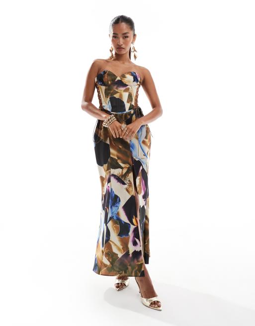 Vestido midi con detalle de corsé, cordones, estampado floral abstracto y falda de corte amplio de satén de ASOS DESIGN