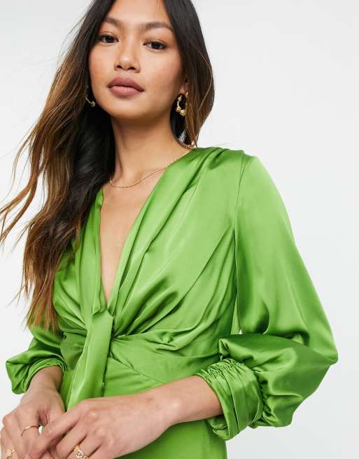 Vestido midi con detalle de lazada y botones de satén de ASOS DESIGN, 3 de 4